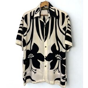 Lauhala Hawaii Aloha Shirt Large Black Ivory Hibiscus Rayon Hawaiian Button Up